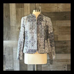 Molly and Maxx zip up black white blazer medium fleur de lis floral vintage 90s